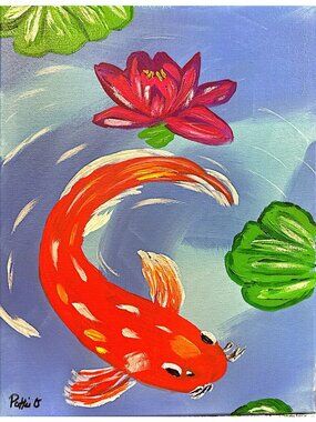 Hand Painted 11x14 Koi Acrylic Contemporary Abstract Art Home Decor Canvas Signe